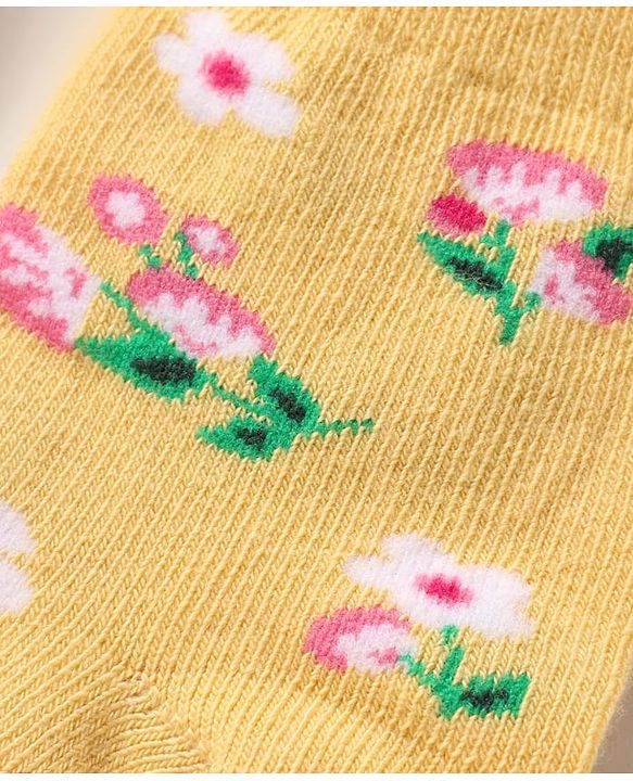 Cute Walk By Babyhug Knit Ankle Length Anti Bacterial Socks With Stripes & Floral Design Pack of 3 - Pink Yellow & White