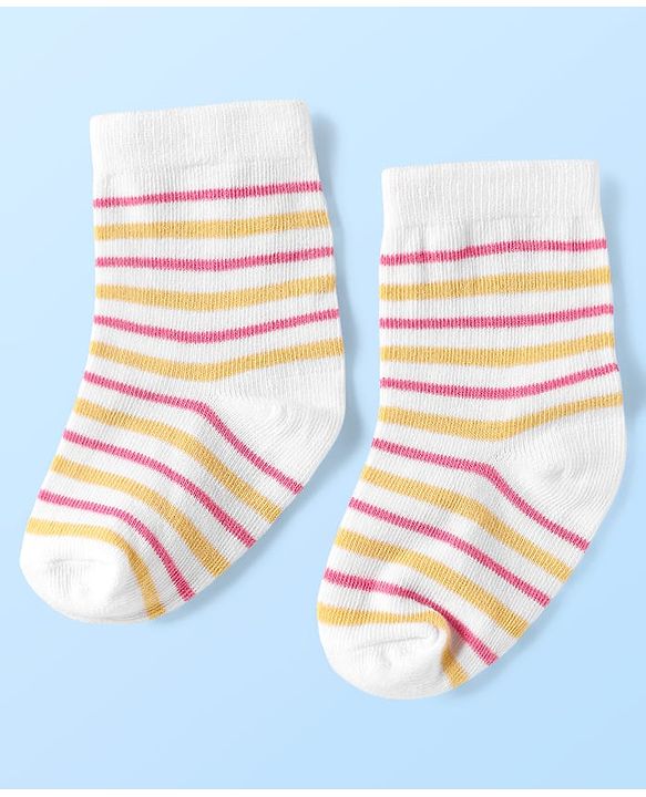 Cute Walk By Babyhug Knit Ankle Length Anti Bacterial Socks With Stripes & Floral Design Pack of 3 - Pink Yellow & White