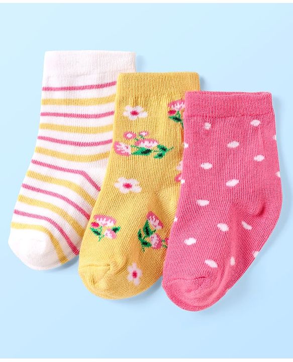 Cute Walk By Babyhug Knit Ankle Length Anti Bacterial Socks With Stripes & Floral Design Pack of 3 - Pink Yellow & White