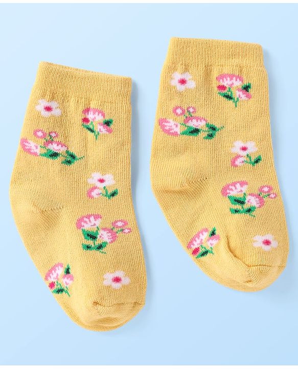 Cute Walk By Babyhug Knit Ankle Length Anti Bacterial Socks With Stripes & Floral Design Pack of 3 - Pink Yellow & White