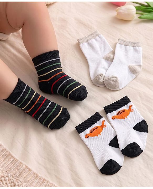 Cute Walk by Babyhug Ankle Length Anti Bacterial Socks With Stripes & Dino Design Pack of 3 - Multicolor