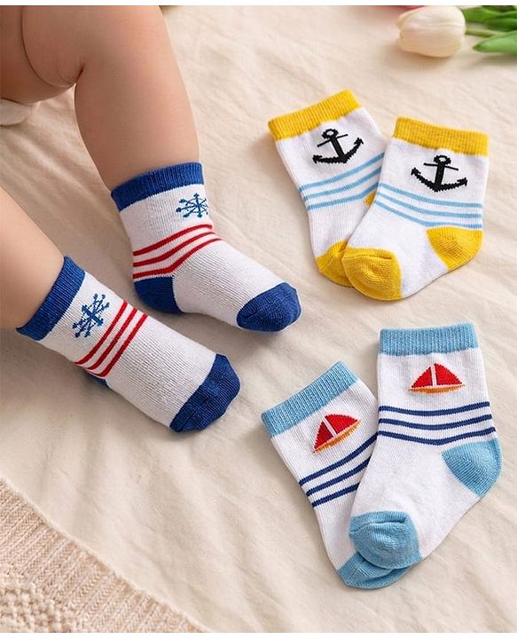 Cute Walk by Babyhug Knit Ankle Length Anti Bacterial Socks with Nautical Theme Design & Stripes Pack of 3 - Multicolor