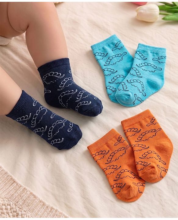 Cute Walk by Babyhug Knit Ankle Length Anti Bacterial Socks with Dino Print Pack of 3 - Orange Light Blue & Black