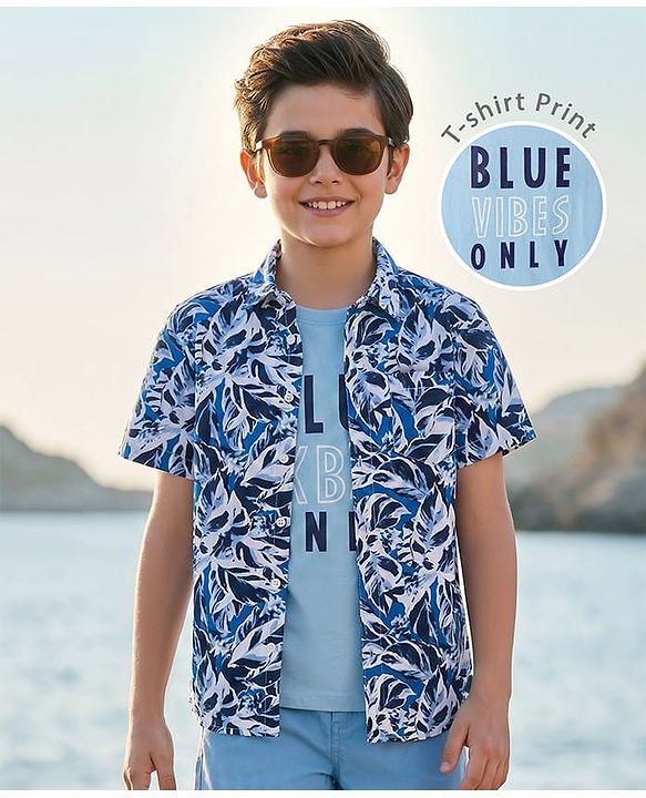 Pine Kids Cotton Woven Half Sleeves Floral Printed Shirt With T-Shirt - Blue