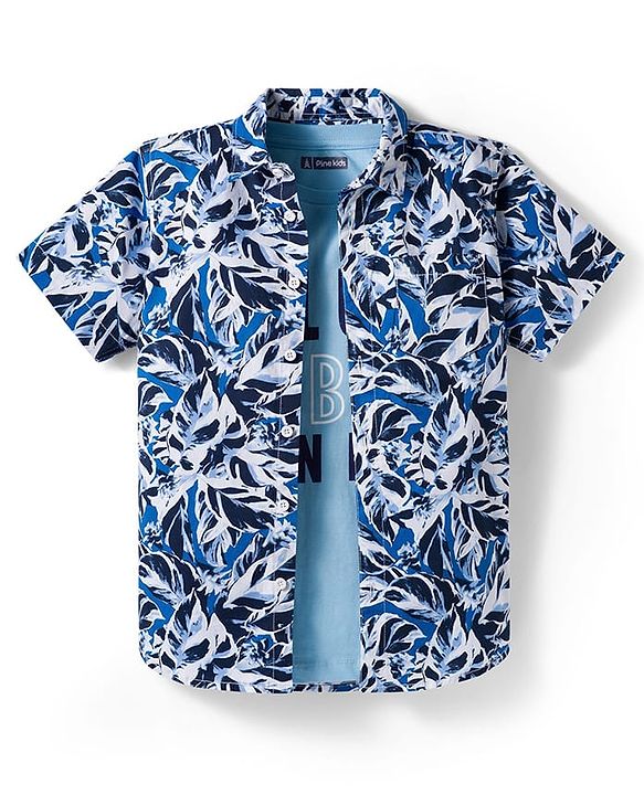 Pine Kids Cotton Woven Half Sleeves Floral Printed Shirt With T-Shirt - Blue