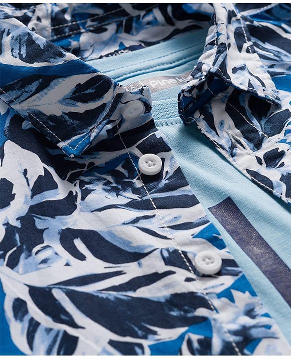 Pine Kids Cotton Woven Half Sleeves Floral Printed Shirt With T-Shirt - Blue