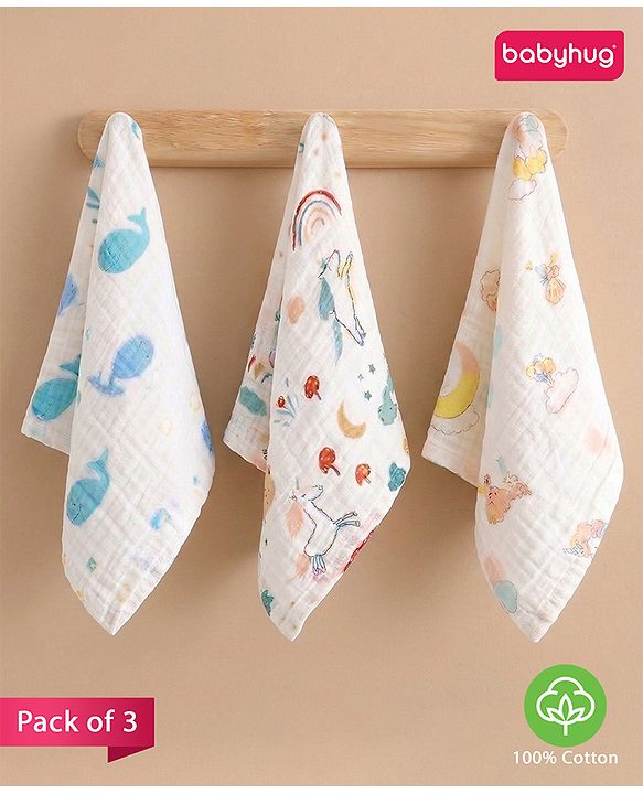 Babyhug 6 Layer Muslin Cotton Wash Cloths for Babies| High Absorbency| Ultra Soft & Baby Safe| Machine Washable| Feeding| Diapering| Newborn Face Towel| Burp Cloth| Wipes Pack of 3 - White