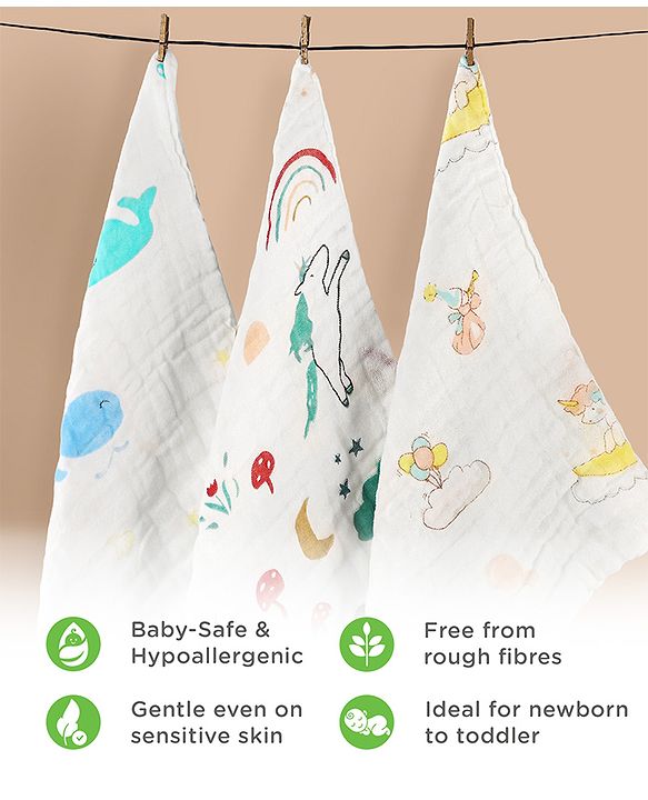 Babyhug 6 Layer Muslin Cotton Wash Cloths for Babies| High Absorbency| Ultra Soft & Baby Safe| Machine Washable| Feeding| Diapering| Newborn Face Towel| Burp Cloth| Wipes Pack of 3 - White