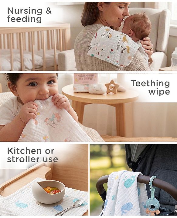 Babyhug 6 Layer Muslin Cotton Wash Cloths for Babies| High Absorbency| Ultra Soft & Baby Safe| Machine Washable| Feeding| Diapering| Newborn Face Towel| Burp Cloth| Wipes Pack of 3 - White