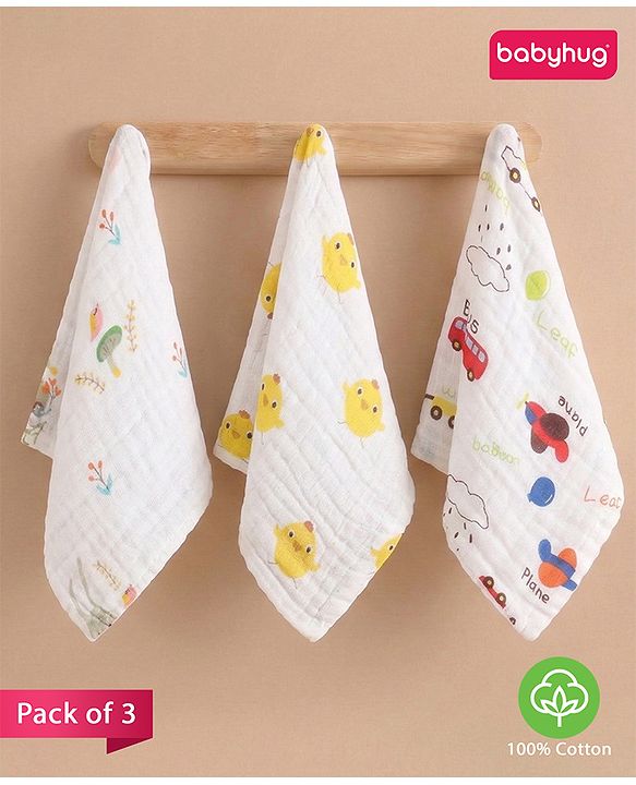 Babyhug 6 Layer Muslin Cotton Wash Cloths for Babies| High Absorbency| Ultra Soft & Baby Safe| Machine Washable| Feeding| Diapering| Newborn Face Towel| Burp Cloth| Wipes Pack of 3 - White
