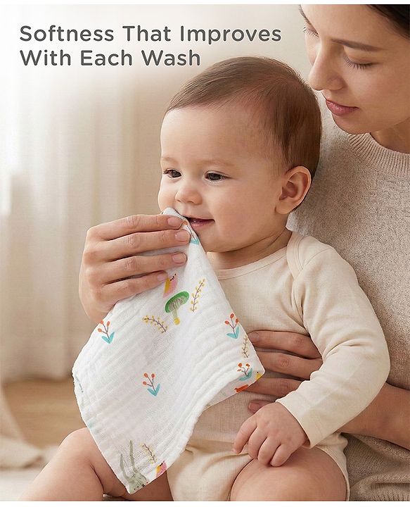 Babyhug 6 Layer Muslin Cotton Wash Cloths for Babies| High Absorbency| Ultra Soft & Baby Safe| Machine Washable| Feeding| Diapering| Newborn Face Towel| Burp Cloth| Wipes Pack of 3 - White