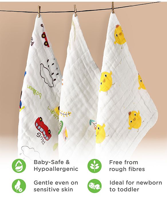 Babyhug 6 Layer Muslin Cotton Wash Cloths for Babies| High Absorbency| Ultra Soft & Baby Safe| Machine Washable| Feeding| Diapering| Newborn Face Towel| Burp Cloth| Wipes Pack of 3 - White