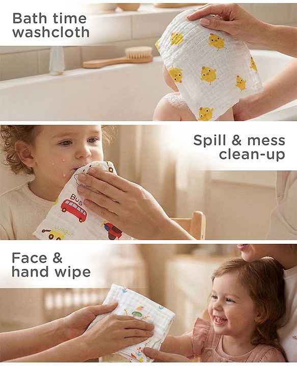 Babyhug 6 Layer Muslin Cotton Wash Cloths for Babies| High Absorbency| Ultra Soft & Baby Safe| Machine Washable| Feeding| Diapering| Newborn Face Towel| Burp Cloth| Wipes Pack of 3 - White