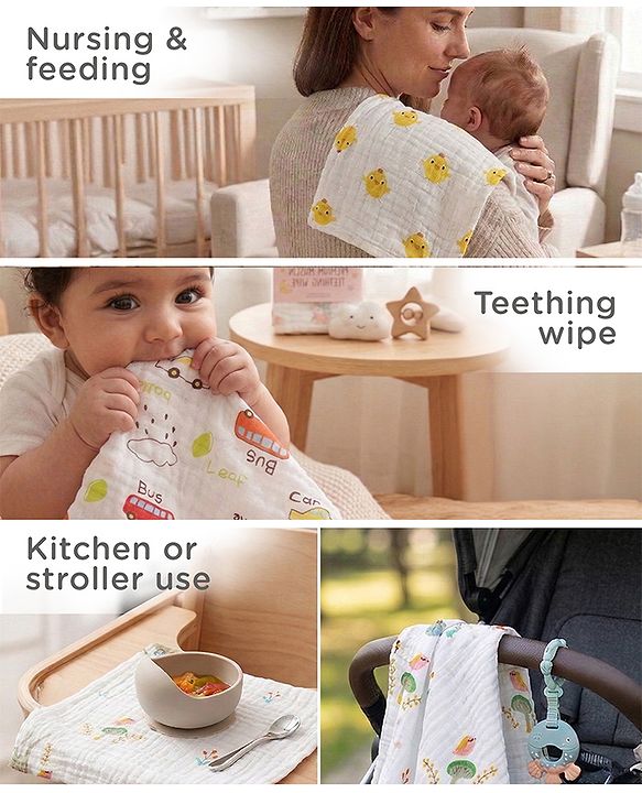 Babyhug 6 Layer Muslin Cotton Wash Cloths for Babies| High Absorbency| Ultra Soft & Baby Safe| Machine Washable| Feeding| Diapering| Newborn Face Towel| Burp Cloth| Wipes Pack of 3 - White