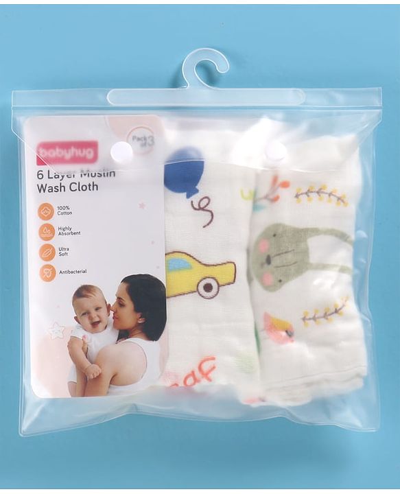 Babyhug 6 Layer Muslin Cotton Wash Cloths for Babies| High Absorbency| Ultra Soft & Baby Safe| Machine Washable| Feeding| Diapering| Newborn Face Towel| Burp Cloth| Wipes Pack of 3 - White