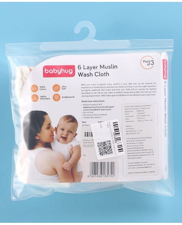 Babyhug 6 Layer Muslin Cotton Wash Cloths for Babies| High Absorbency| Ultra Soft & Baby Safe| Machine Washable| Feeding| Diapering| Newborn Face Towel| Burp Cloth| Wipes Pack of 3 - White