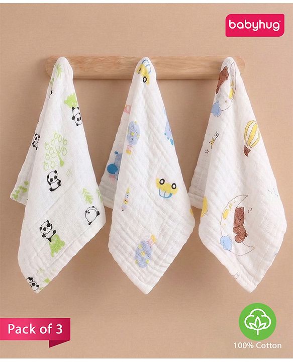 Babyhug 6 Layer Muslin Cotton Wash Cloths for Babies| High Absorbency| Ultra Soft & Baby Safe| Machine Washable| Feeding| Diapering| Newborn Face Towel| Burp Cloth| Wipes Pack of 3 - White