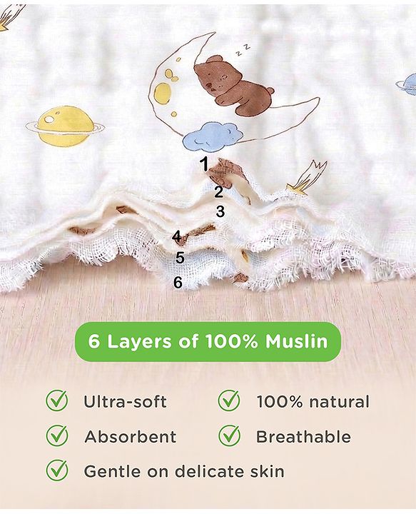 Babyhug 6 Layer Muslin Cotton Wash Cloths for Babies| High Absorbency| Ultra Soft & Baby Safe| Machine Washable| Feeding| Diapering| Newborn Face Towel| Burp Cloth| Wipes Pack of 3 - White