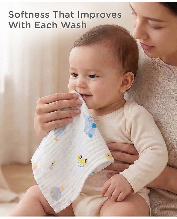 Babyhug 6 Layer Muslin Cotton Wash Cloths for Babies| High Absorbency| Ultra Soft & Baby Safe| Machine Washable| Feeding| Diapering| Newborn Face Towel| Burp Cloth| Wipes Pack of 3 - White