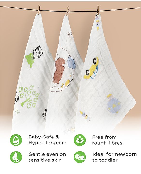 Babyhug 6 Layer Muslin Cotton Wash Cloths for Babies| High Absorbency| Ultra Soft & Baby Safe| Machine Washable| Feeding| Diapering| Newborn Face Towel| Burp Cloth| Wipes Pack of 3 - White