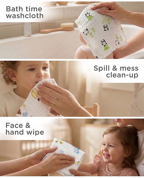 Babyhug 6 Layer Muslin Cotton Wash Cloths for Babies| High Absorbency| Ultra Soft & Baby Safe| Machine Washable| Feeding| Diapering| Newborn Face Towel| Burp Cloth| Wipes Pack of 3 - White