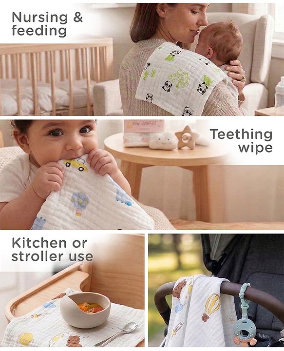 Babyhug 6 Layer Muslin Cotton Wash Cloths for Babies| High Absorbency| Ultra Soft & Baby Safe| Machine Washable| Feeding| Diapering| Newborn Face Towel| Burp Cloth| Wipes Pack of 3 - White