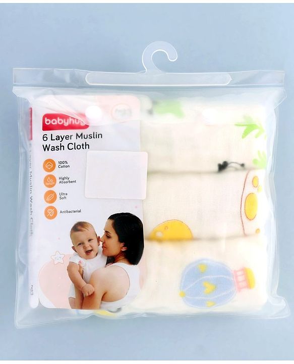 Babyhug 6 Layer Muslin Cotton Wash Cloths for Babies| High Absorbency| Ultra Soft & Baby Safe| Machine Washable| Feeding| Diapering| Newborn Face Towel| Burp Cloth| Wipes Pack of 3 - White