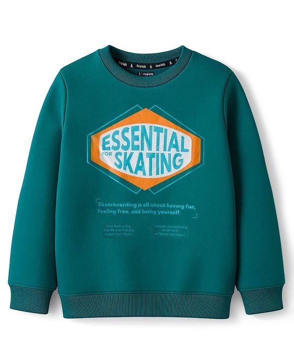 Pine Kids Knit Full Sleeves Sweatshirt With Skating Print - Mint Green