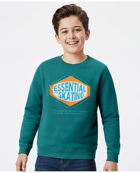Pine Kids Knit Full Sleeves Sweatshirt With Skating Print - Mint Green