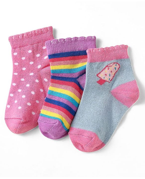 Cute Walk by Babyhug Knit Ankle Length Antibacterial Socks With Polka Dot Design & Stripes Pack Of 3 - Pink & Purple