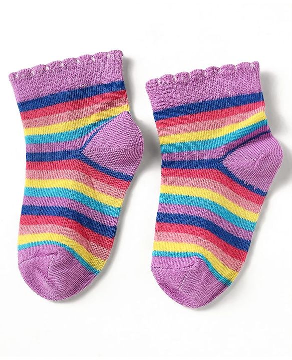 Cute Walk by Babyhug Knit Ankle Length Antibacterial Socks With Polka Dot Design & Stripes Pack Of 3 - Pink & Purple