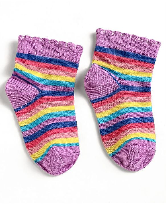 Cute Walk by Babyhug Knit Ankle Length Antibacterial Socks With Polka Dot Design & Stripes Pack Of 3 - Pink & Purple