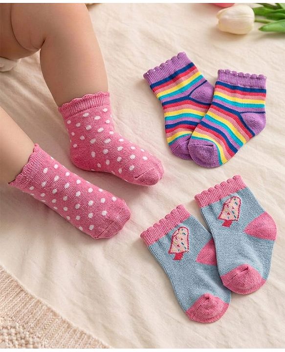Cute Walk by Babyhug Knit Ankle Length Antibacterial Socks With Polka Dot Design & Stripes Pack Of 3 - Pink & Purple