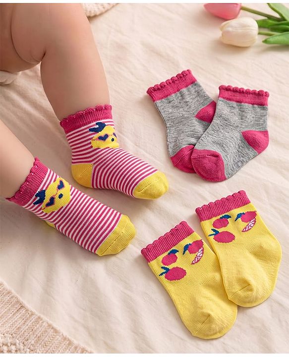 Cute Walk by Babyhug Knit Ankle Length Antibacterial Socks With Stripes & Tropical Theme Design Pack Of 3 - Grey Yellow & Pink