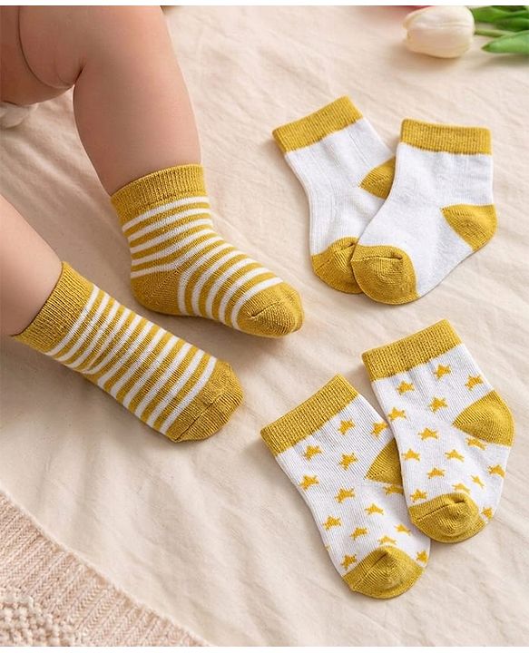 Cute Walk by Babyhug Knit Ankle Length Antibacterial Socks With Stripes & Star Design Pack Of 3 - Mustard & White