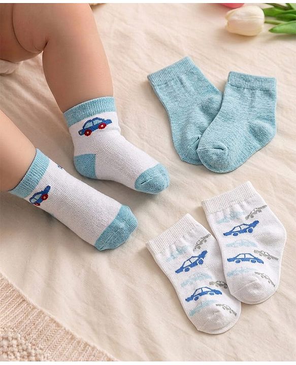 Cute Walk by Babyhug Knit Ankle Length Antibacterial Socks With Vehicle Design Pack Of 3 - Light Blue & White