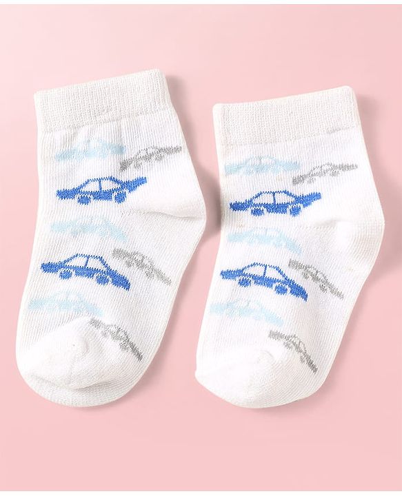 Cute Walk by Babyhug Knit Ankle Length Antibacterial Socks With Vehicle Design Pack Of 3 - Light Blue & White