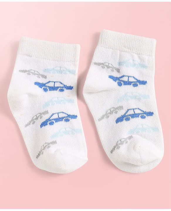Cute Walk by Babyhug Knit Ankle Length Antibacterial Socks With Vehicle Design Pack Of 3 - Light Blue & White