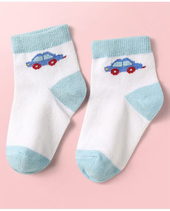 Cute Walk by Babyhug Knit Ankle Length Antibacterial Socks With Vehicle Design Pack Of 3 - Light Blue & White