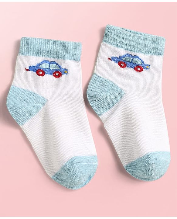 Cute Walk by Babyhug Knit Ankle Length Antibacterial Socks With Vehicle Design Pack Of 3 - Light Blue & White