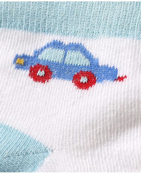 Cute Walk by Babyhug Knit Ankle Length Antibacterial Socks With Vehicle Design Pack Of 3 - Light Blue & White