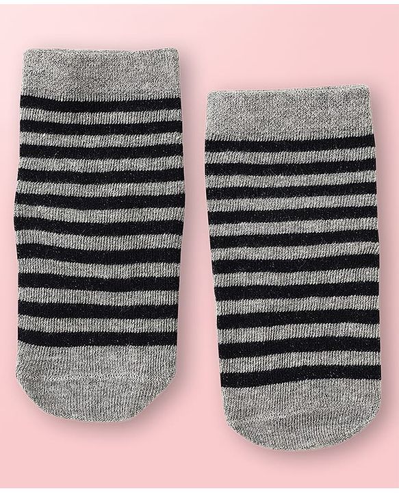 Cute Walk by Babyhug Knit Ankle Length Antibacterial Socks With Stripes Pack Of 3 - Light Blue Black & Grey