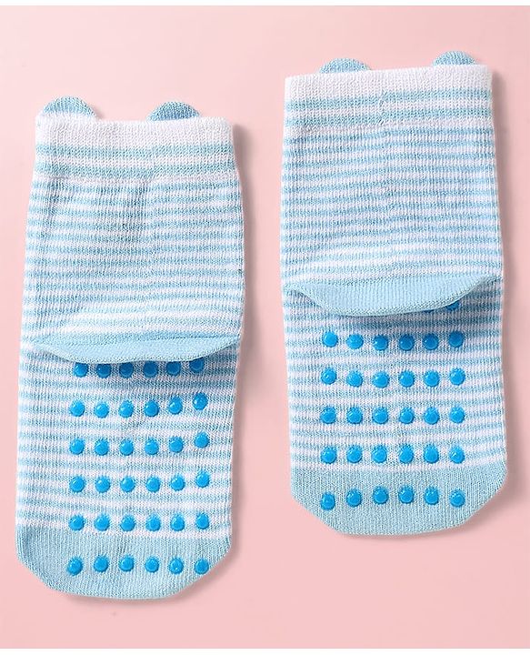 Cute Walk by Babyhug Knit Ankle Length Antibacterial Socks With Stripes Pack Of 3 - Light Blue Black & Grey