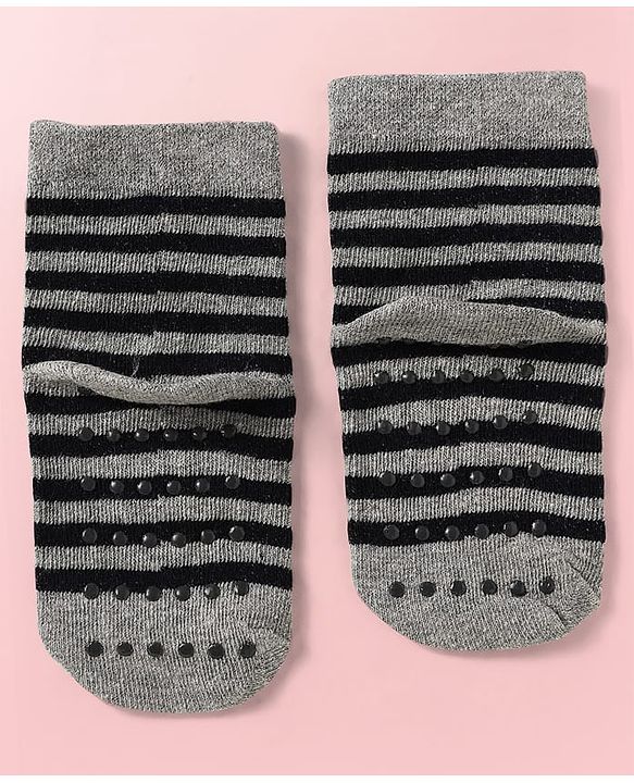Cute Walk by Babyhug Knit Ankle Length Antibacterial Socks With Stripes Pack Of 3 - Light Blue Black & Grey