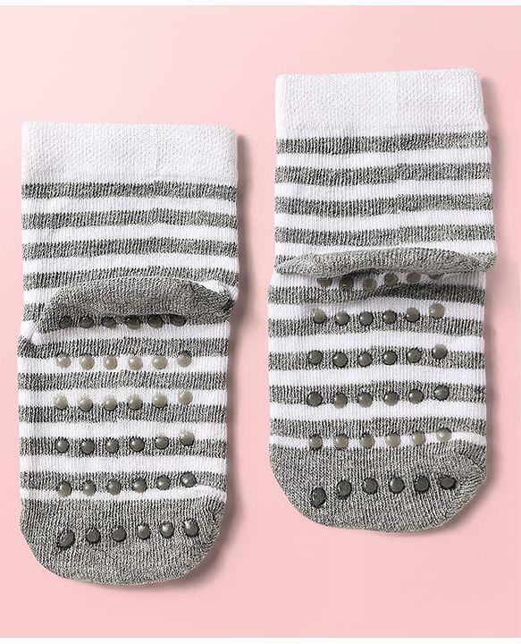 Cute Walk by Babyhug Knit Ankle Length Antibacterial Socks With Stripes Pack Of 3 - Light Blue Black & Grey