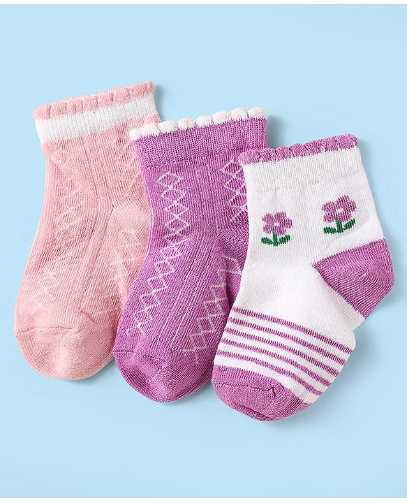 Cute Walk by Babyhug Knit Antibacterial Ankle Length Socks With Stripes & Floral Design Pack Of 3 - Pink Purple & White