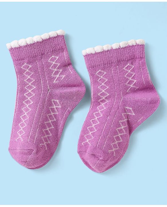 Cute Walk by Babyhug Knit Antibacterial Ankle Length Socks With Stripes & Floral Design Pack Of 3 - Pink Purple & White