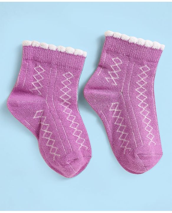 Cute Walk by Babyhug Knit Antibacterial Ankle Length Socks With Stripes & Floral Design Pack Of 3 - Pink Purple & White