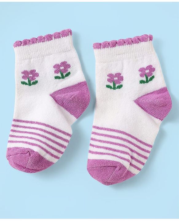 Cute Walk by Babyhug Knit Antibacterial Ankle Length Socks With Stripes & Floral Design Pack Of 3 - Pink Purple & White