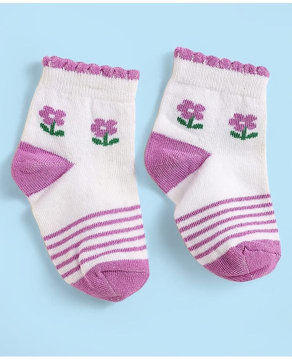 Cute Walk by Babyhug Knit Antibacterial Ankle Length Socks With Stripes & Floral Design Pack Of 3 - Pink Purple & White
